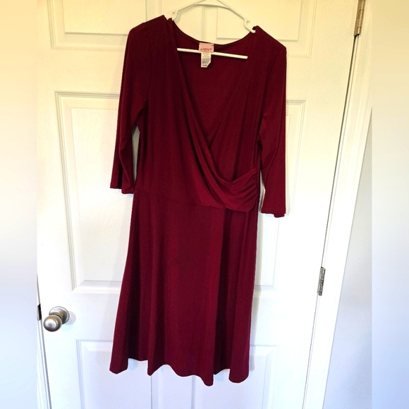 SUNNY USA DARK RED WRAP STYLE A-LINE DRESS - Picture 3 of 6